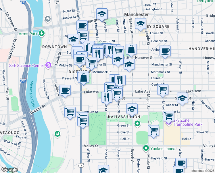 map of restaurants, bars, coffee shops, grocery stores, and more near 289 Pine Street in Manchester