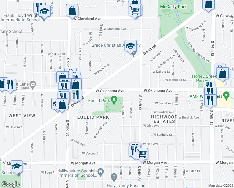 map of restaurants, bars, coffee shops, grocery stores, and more near 8609 West Oklahoma Avenue in Milwaukee