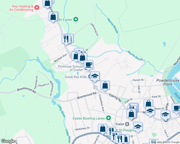 map of restaurants, bars, coffee shops, grocery stores, and more near 6 Meeting Place Drive in Exeter