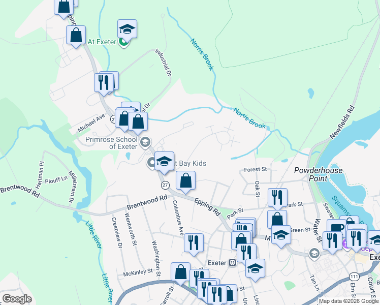 map of restaurants, bars, coffee shops, grocery stores, and more near 5 Brookside Drive in Exeter