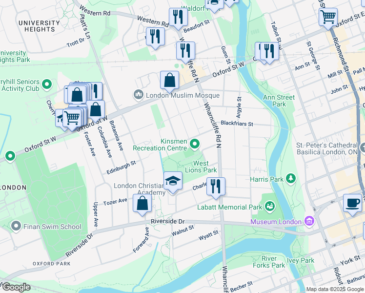 map of restaurants, bars, coffee shops, grocery stores, and more near in London
