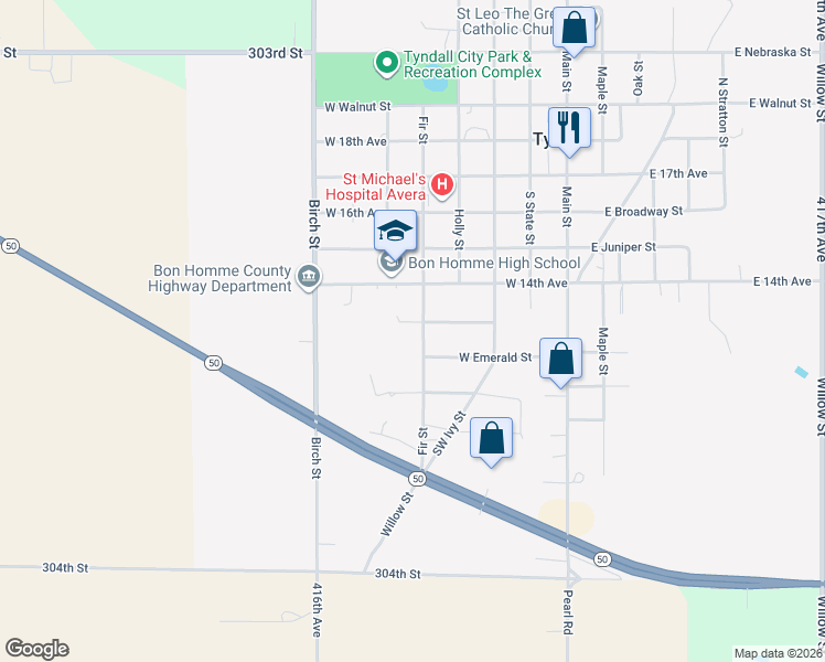 map of restaurants, bars, coffee shops, grocery stores, and more near 505 West 14th Avenue in Tyndall