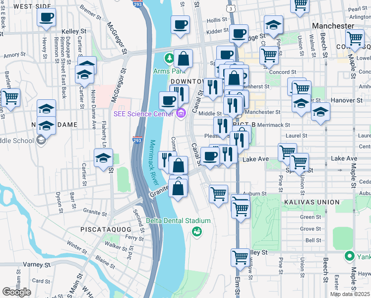 map of restaurants, bars, coffee shops, grocery stores, and more near 181 West Central Street in Manchester