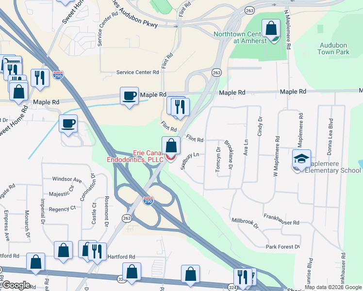 map of restaurants, bars, coffee shops, grocery stores, and more near 1345 Millersport Highway in Buffalo