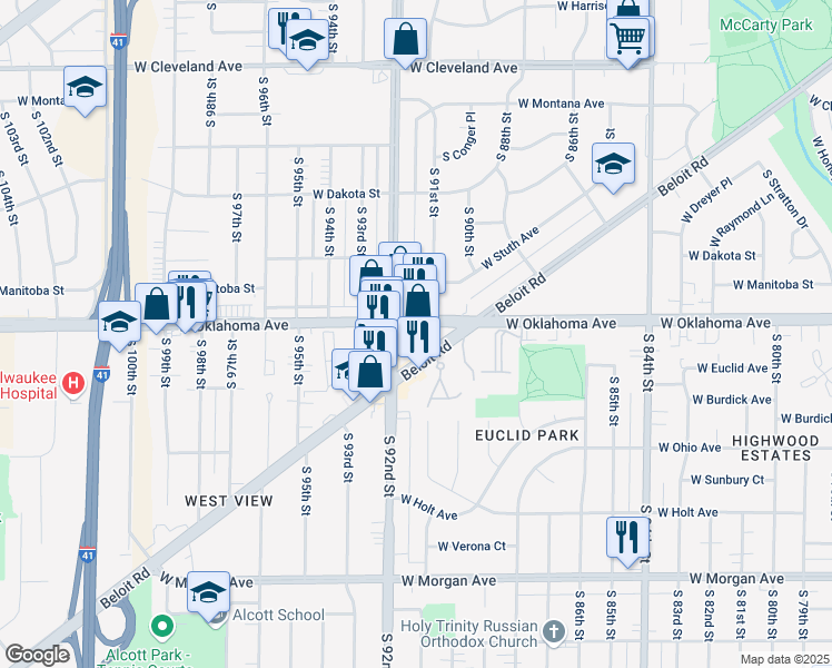 map of restaurants, bars, coffee shops, grocery stores, and more near 9104 West Oklahoma Avenue in West Allis