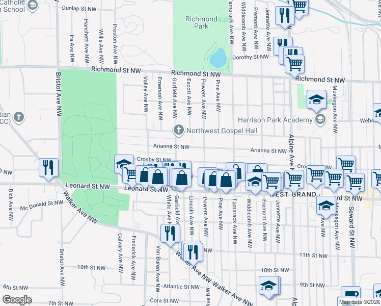 map of restaurants, bars, coffee shops, grocery stores, and more near 1121 Arianna Street Northwest in Grand Rapids