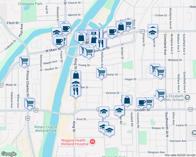 map of restaurants, bars, coffee shops, grocery stores, and more near 136 Regent Street in Welland