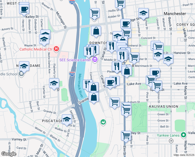 map of restaurants, bars, coffee shops, grocery stores, and more near 214 West Central Street in Manchester