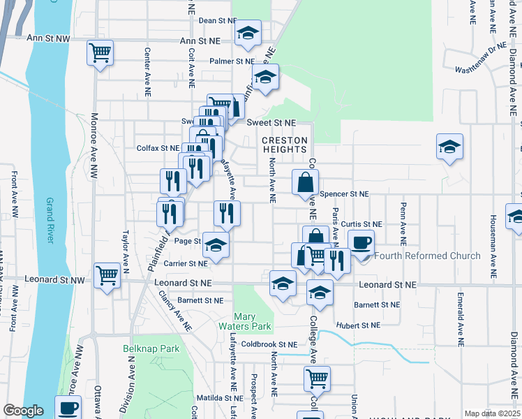 map of restaurants, bars, coffee shops, grocery stores, and more near 342 Spencer Street Northeast in Grand Rapids