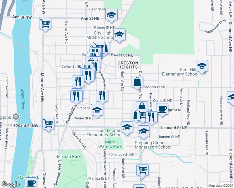 map of restaurants, bars, coffee shops, grocery stores, and more near 342 Spencer Street Northeast in Grand Rapids
