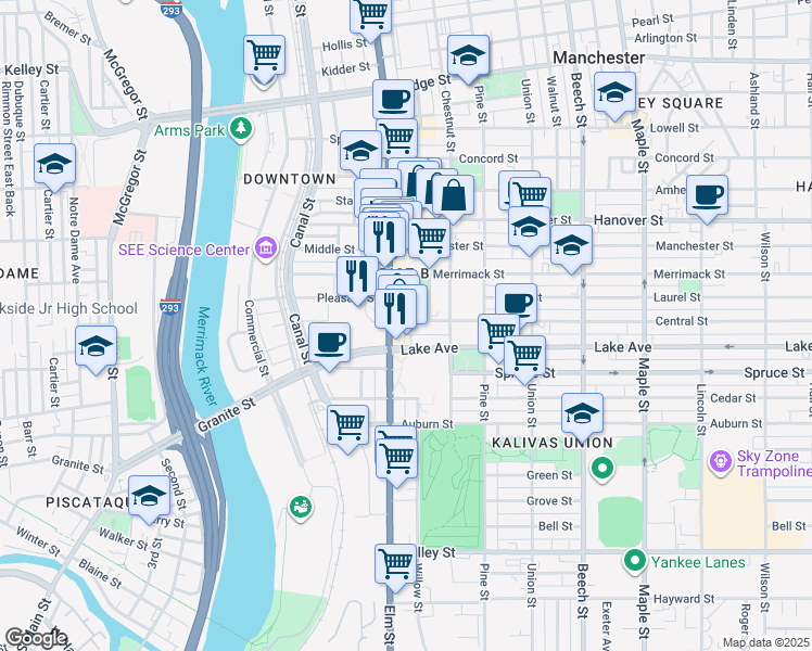 map of restaurants, bars, coffee shops, grocery stores, and more near in Manchester