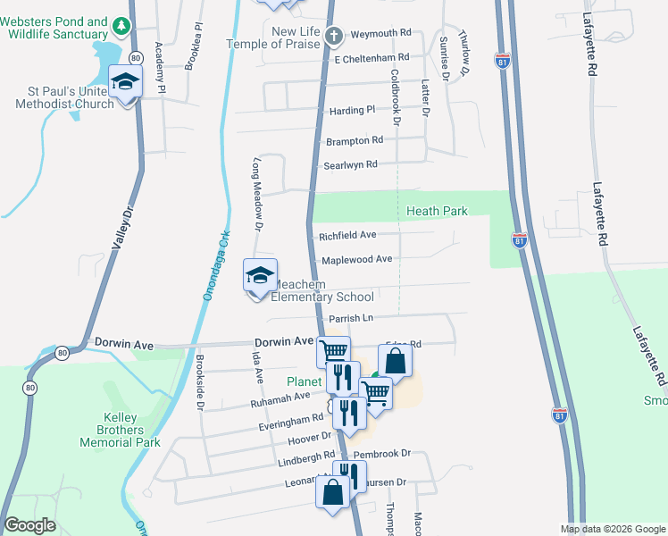 map of restaurants, bars, coffee shops, grocery stores, and more near 125 Maplewood Avenue in Syracuse