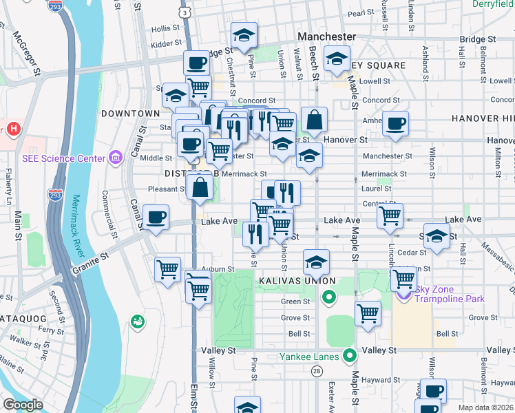 map of restaurants, bars, coffee shops, grocery stores, and more near 75 Laurel Street in Manchester