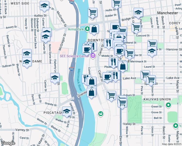 map of restaurants, bars, coffee shops, grocery stores, and more near 100 Commercial Street in Manchester