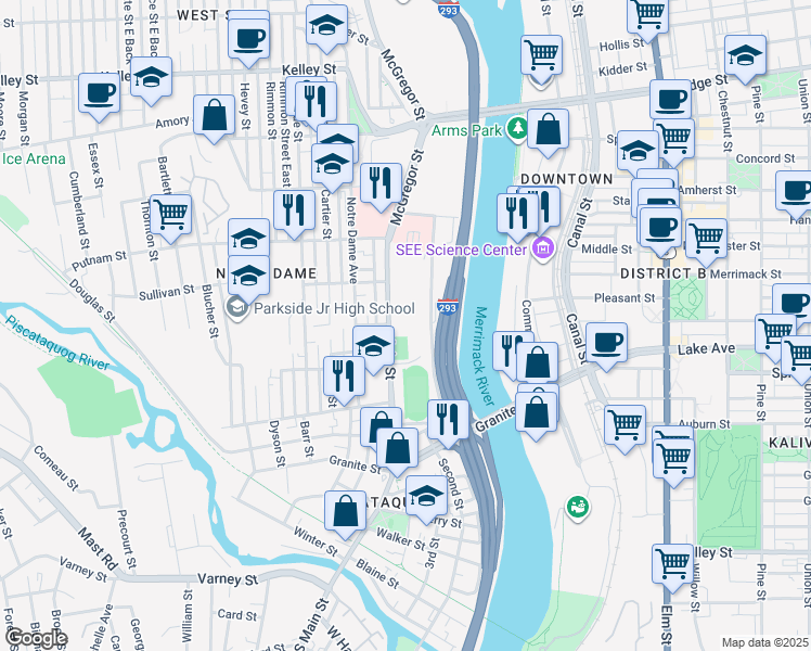 map of restaurants, bars, coffee shops, grocery stores, and more near 280 Main Street in Manchester