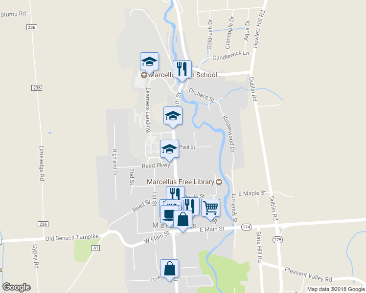 map of restaurants, bars, coffee shops, grocery stores, and more near 38 North Street in Marcellus