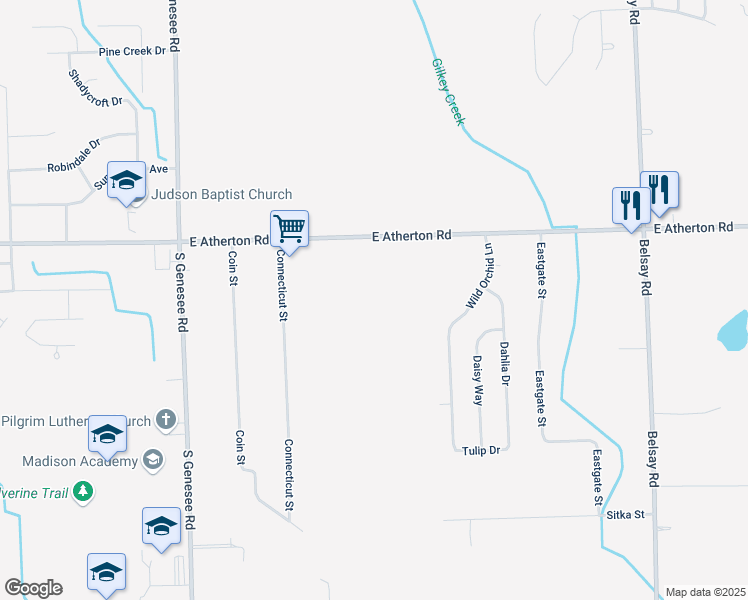 map of restaurants, bars, coffee shops, grocery stores, and more near 5200 E Atherton Rd in Burton