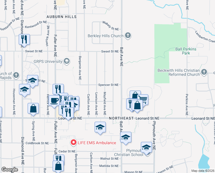 map of restaurants, bars, coffee shops, grocery stores, and more near 1511 Spencer Street Northeast in Grand Rapids