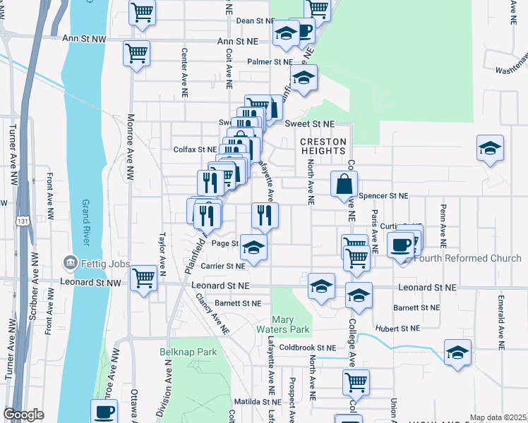 map of restaurants, bars, coffee shops, grocery stores, and more near 1400 Lafayette Avenue Northeast in Grand Rapids