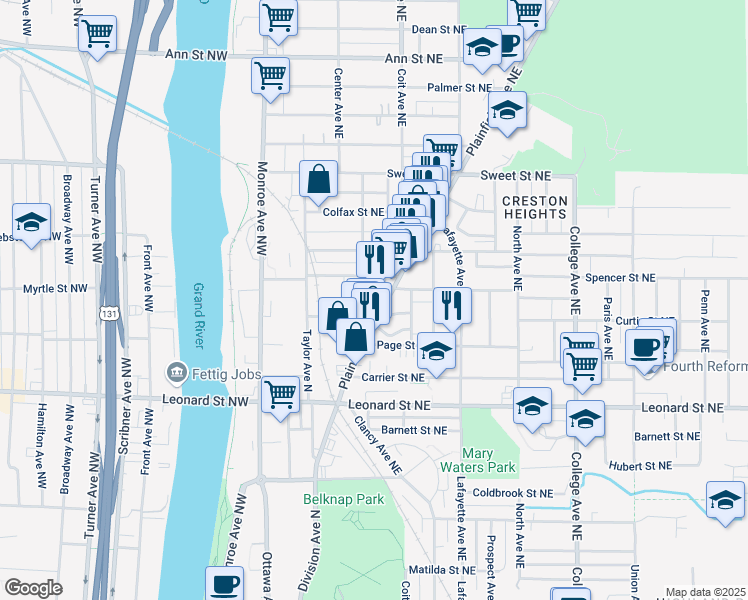map of restaurants, bars, coffee shops, grocery stores, and more near 58 Caledonia Street Northeast in Grand Rapids