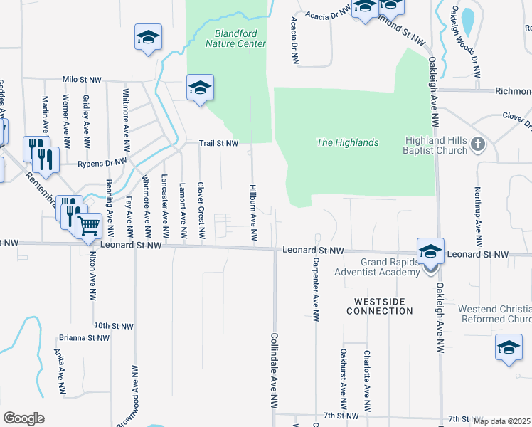 map of restaurants, bars, coffee shops, grocery stores, and more near 1300 Hillburn Avenue Northwest in Grand Rapids