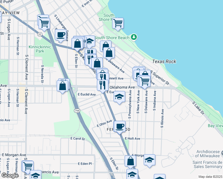 map of restaurants, bars, coffee shops, grocery stores, and more near 2220 East Oklahoma Avenue in Milwaukee
