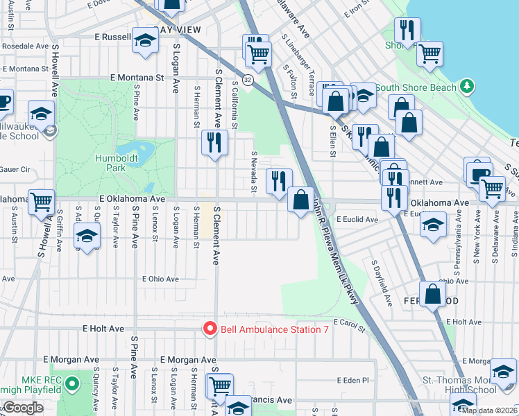 map of restaurants, bars, coffee shops, grocery stores, and more near 1426 East Oklahoma Avenue in Milwaukee