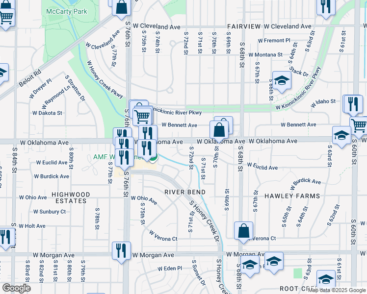 map of restaurants, bars, coffee shops, grocery stores, and more near 7250 West Oklahoma Avenue in West Allis