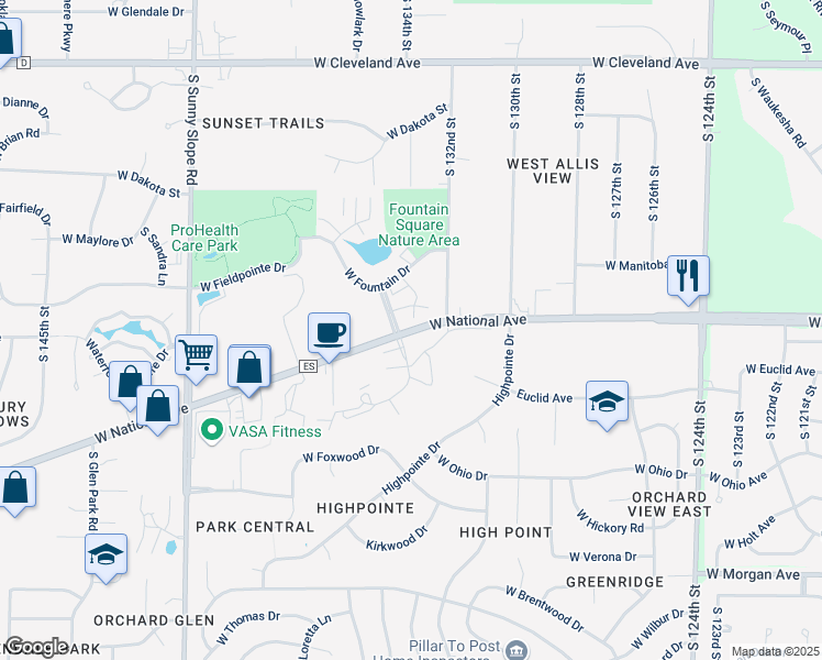 map of restaurants, bars, coffee shops, grocery stores, and more near 3160 Fountain Square Boulevard in New Berlin
