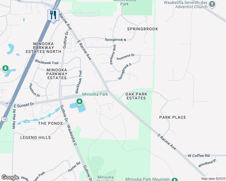 map of restaurants, bars, coffee shops, grocery stores, and more near 2019 Springbrook South in Waukesha