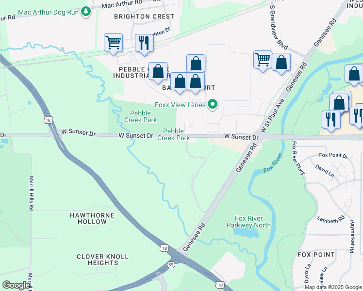 map of restaurants, bars, coffee shops, grocery stores, and more near S31W26341 West Sunset Drive in Waukesha