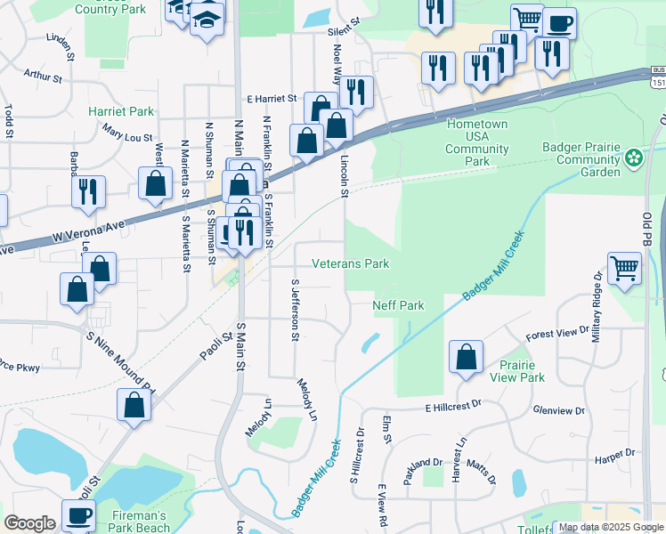 map of restaurants, bars, coffee shops, grocery stores, and more near 324 William Circle in Verona