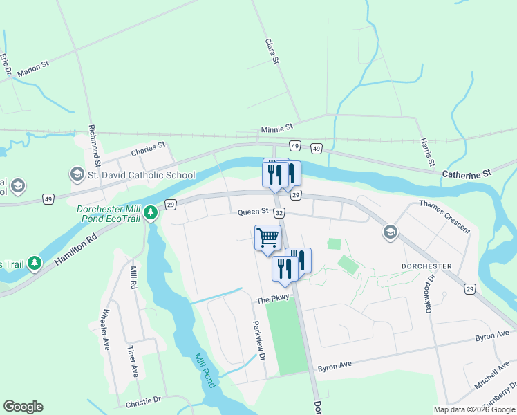 map of restaurants, bars, coffee shops, grocery stores, and more near 94 Queen Street in Middlesex County