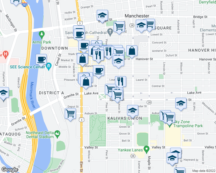 map of restaurants, bars, coffee shops, grocery stores, and more near 143 Central Street in Manchester