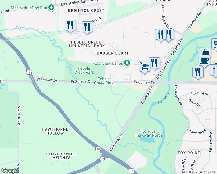 map of restaurants, bars, coffee shops, grocery stores, and more near S31W26341 West Sunset Drive in Waukesha