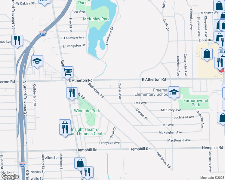 map of restaurants, bars, coffee shops, grocery stores, and more near 352 Buckingham Avenue in Flint