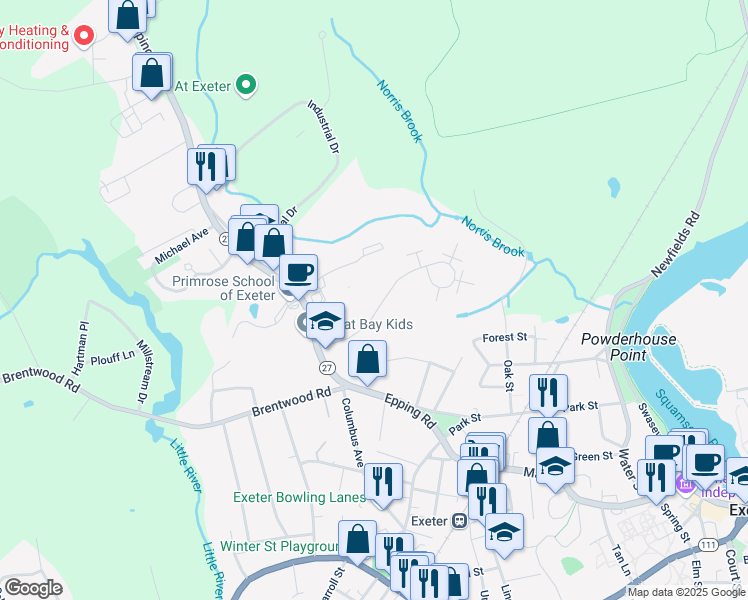 map of restaurants, bars, coffee shops, grocery stores, and more near 5 Brookside Drive in Exeter