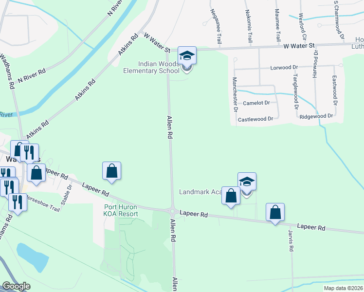 map of restaurants, bars, coffee shops, grocery stores, and more near 4975 West Water Street in Smiths Creek