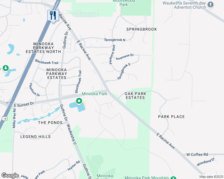 map of restaurants, bars, coffee shops, grocery stores, and more near 2019 Springbrook South in Waukesha
