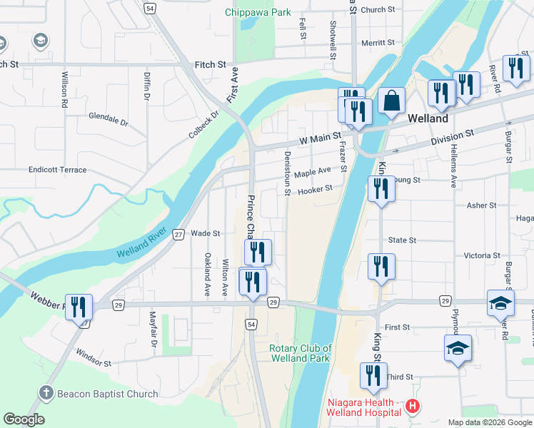 map of restaurants, bars, coffee shops, grocery stores, and more near 185 Denistoun Street in Welland