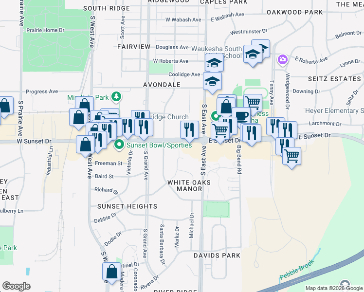 map of restaurants, bars, coffee shops, grocery stores, and more near 120 West Sunset Drive in Waukesha
