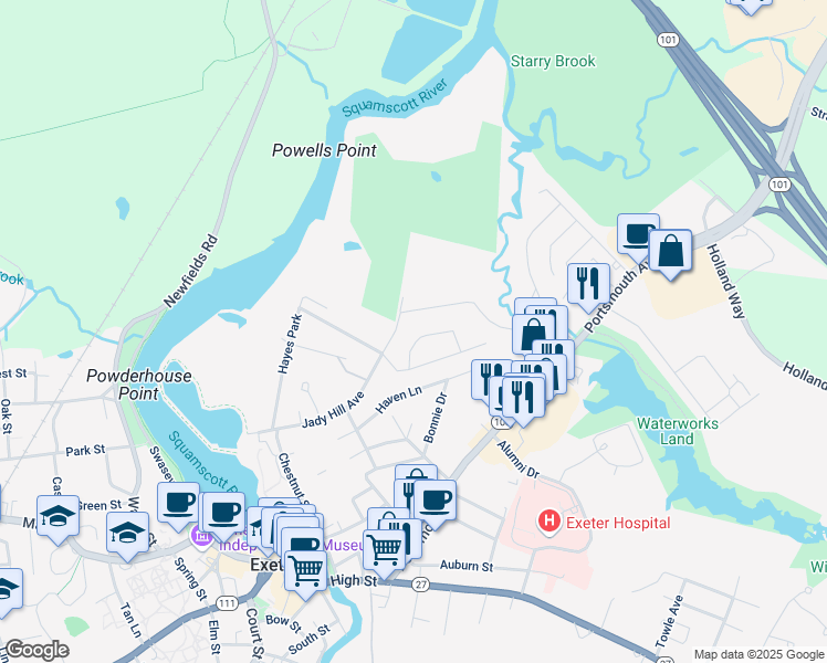 map of restaurants, bars, coffee shops, grocery stores, and more near 1 Webster Avenue in Exeter