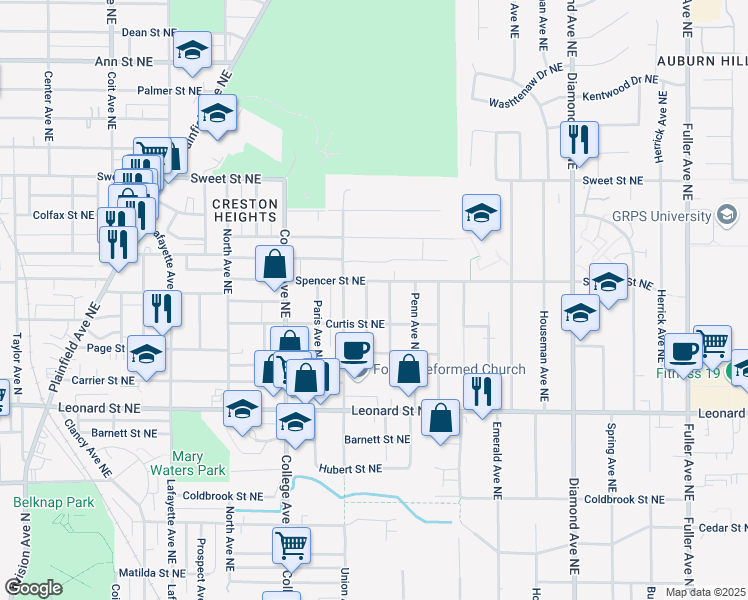 map of restaurants, bars, coffee shops, grocery stores, and more near 1356 Columbia Avenue Northeast in Grand Rapids