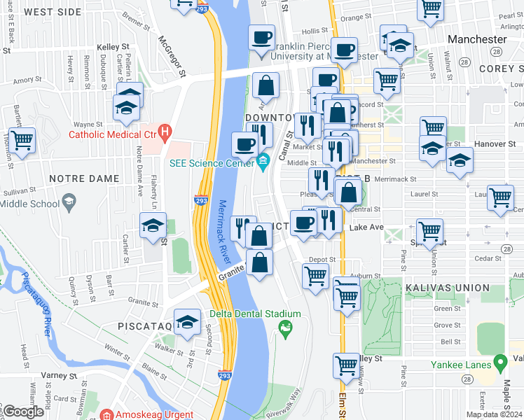map of restaurants, bars, coffee shops, grocery stores, and more near 97 State Street in Manchester