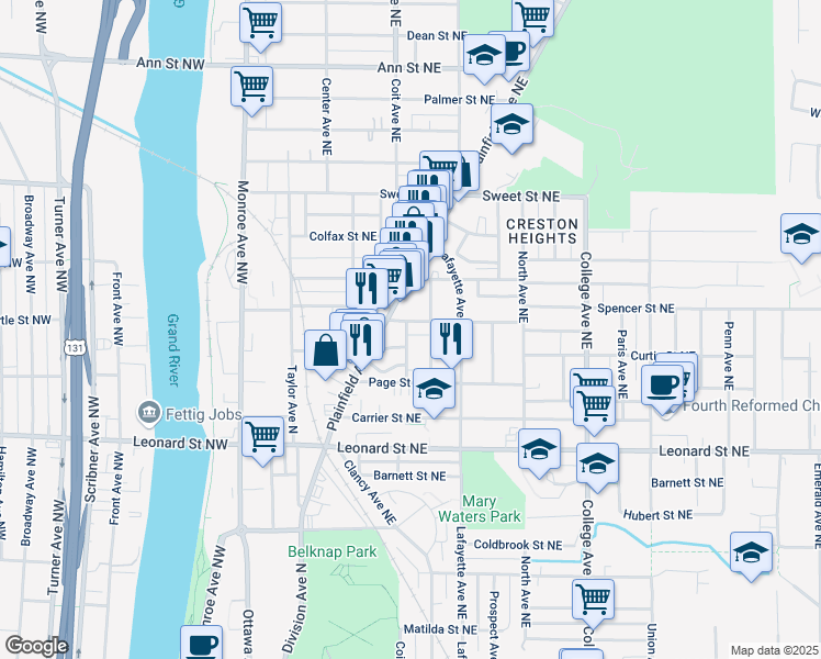 map of restaurants, bars, coffee shops, grocery stores, and more near 220 Spencer Street Northeast in Grand Rapids