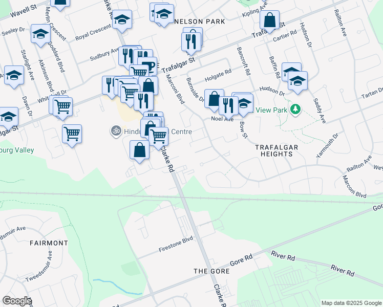 map of restaurants, bars, coffee shops, grocery stores, and more near 309 Marconi Boulevard in London