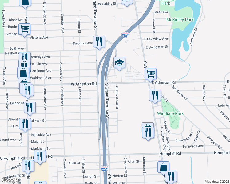map of restaurants, bars, coffee shops, grocery stores, and more near 457 West Atherton Road in Flint