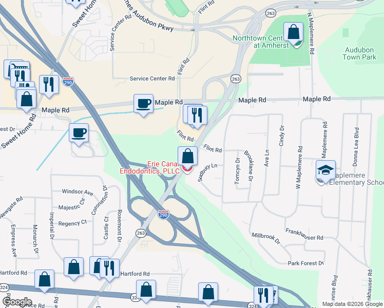 map of restaurants, bars, coffee shops, grocery stores, and more near 115 Flint Road in Buffalo