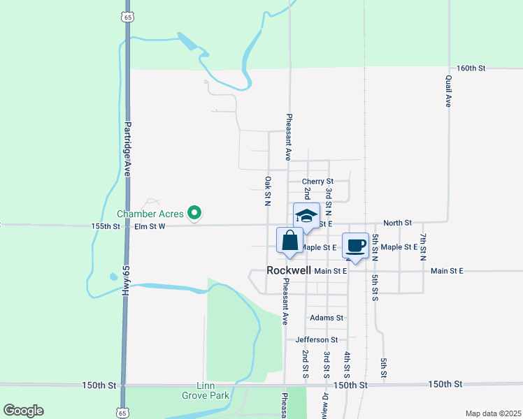 map of restaurants, bars, coffee shops, grocery stores, and more near 415 Oak Street North in Rockwell