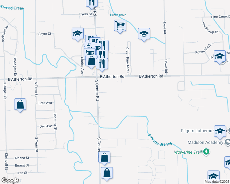 map of restaurants, bars, coffee shops, grocery stores, and more near 4084 East Atherton Road in Burton